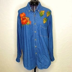 Vintage Button Down Denim Autumn Fall,Pumpkin Long Sleeve Shirt